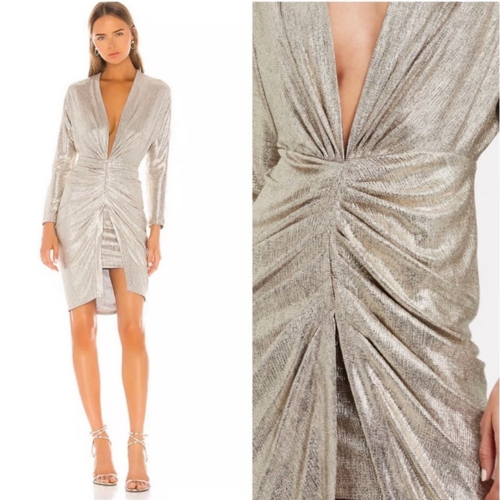 IRO Paris Metallic Ruched V-Neck Mini Dress Size 4 / FR 36